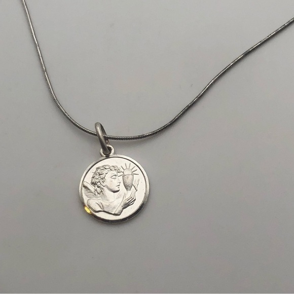 Vtg Sterling Silver Ricordo Della Prima Comunion Coin Pendant w Chain 15” & .7” - Picture 3 of 8